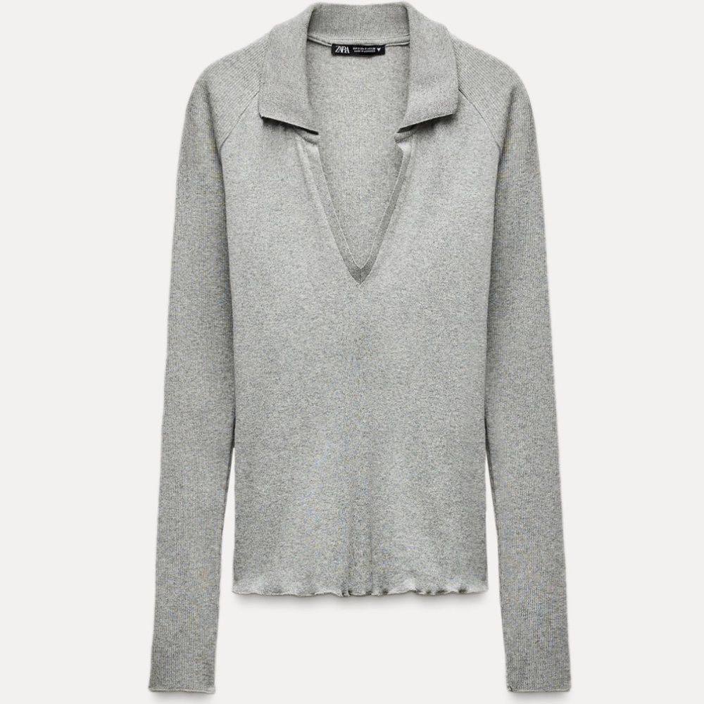 Zara gray marl polo neck basic knit long sleeve shirt NWT